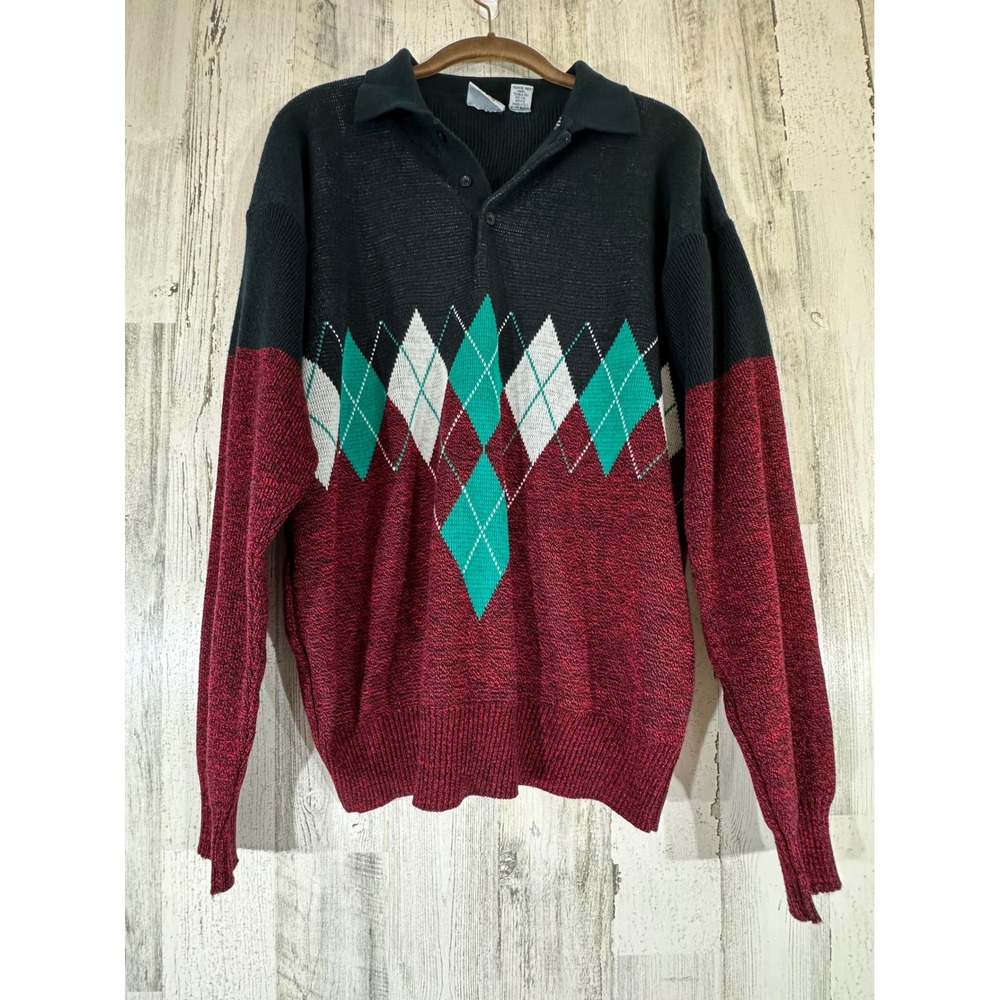 Phases Mens Vintage Polo Style Pullover Sweater‎ XL Black Burgundy Argyle READ